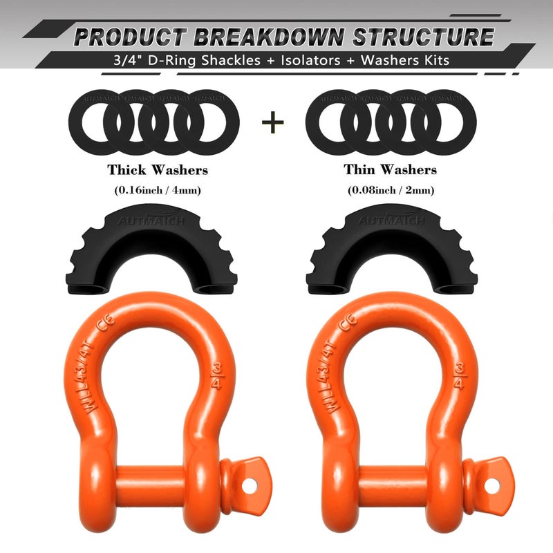 AUTMATCH D Ring Shackle 3/4"" Shackles (2 Pack) 41,887Ibs Break Strength, Clevis Shackle with 7/8"" Screw Pin and Shackle Isolator Washers Kit for Tow Strap Winch Off Road Vehicle Recovery, Orange - Image 2
